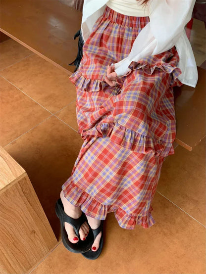 Ruffle Trim Plaid Maxi Skirt