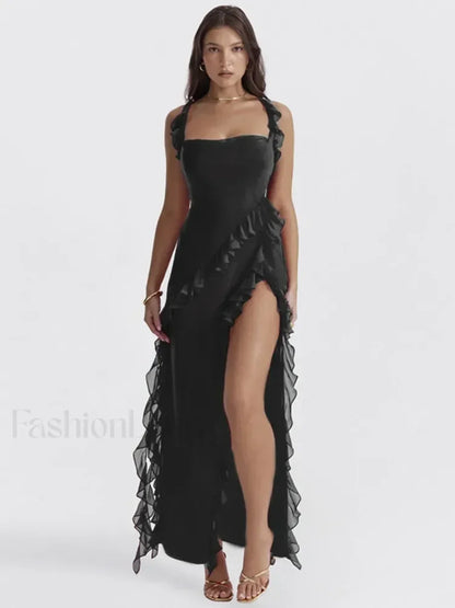 Ruffled Thigh-Split Midi Dress