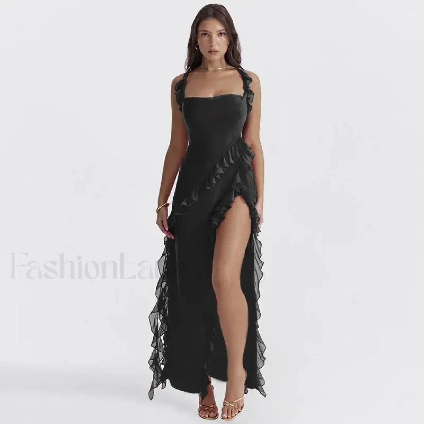 Ruffled Thigh-Split Midi Dress