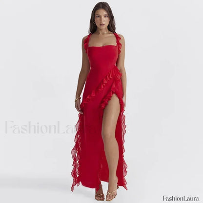 Ruffled Thigh-Split Midi Dress
