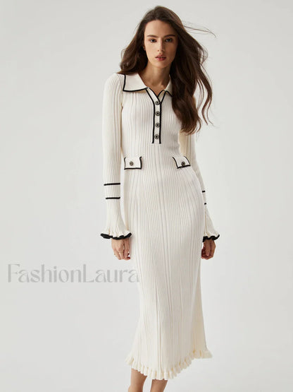 Ruffled Trim Contrast Binding Modern Button-up Collar Midi Sweater Dress