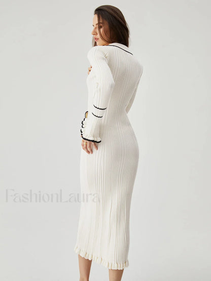 Ruffled Trim Contrast Binding Modern Button-up Collar Midi Sweater Dress