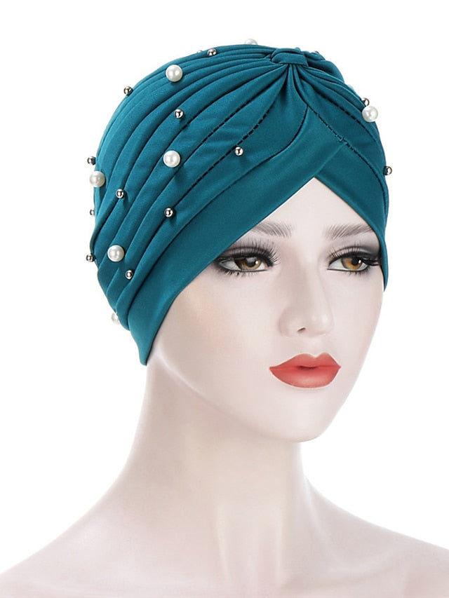 Boutique Solid Folds Pearl Muslim Turban Scarf Women Elastic Islamic Inner Hijab Caps Arab Wrap Head Femme Musulman Turbante for Women
