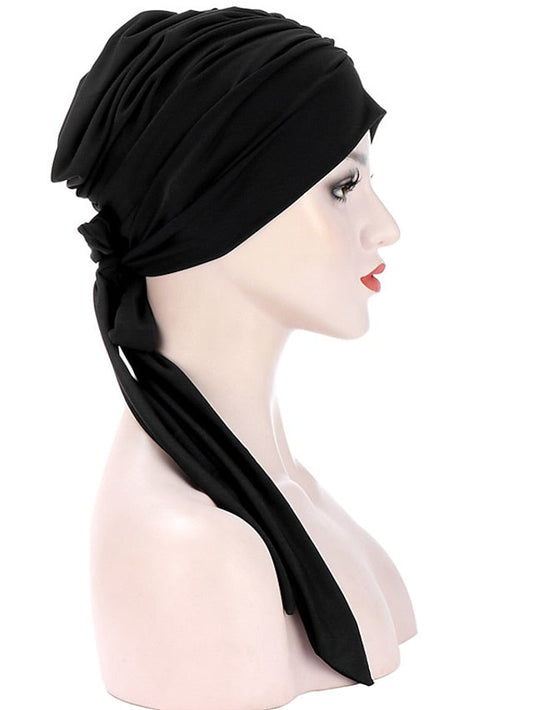 Muslim Women Stretch Solid Wrinkle Turban Hat Cancer Chemo Beanies Caps Pre-Tied Scarf Headwear Headwrap Simple Hair Accessories for Women