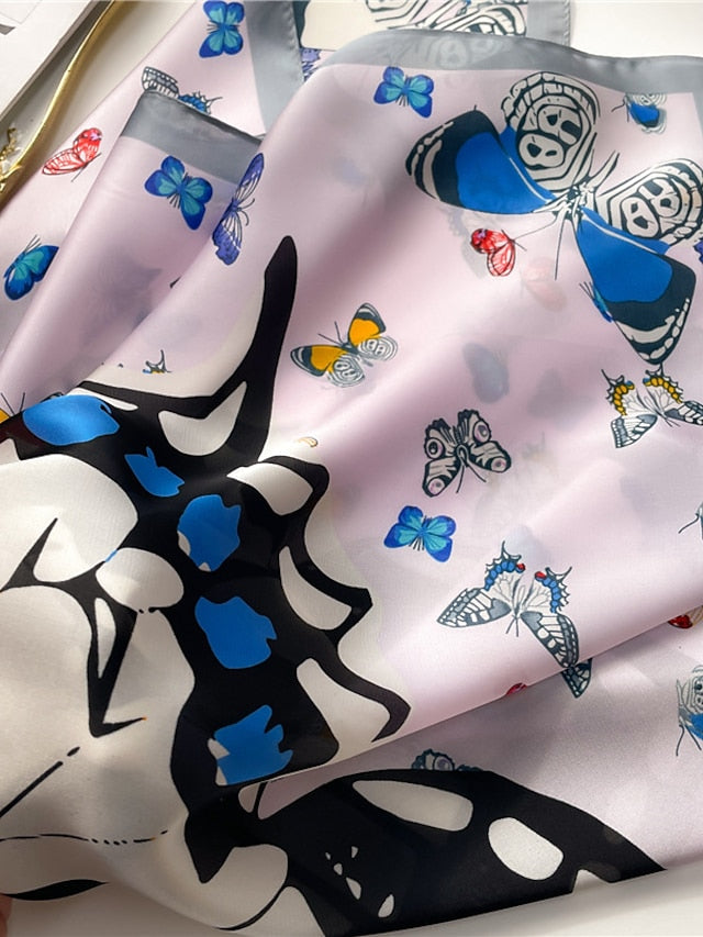 Animal Square Butterfly Scarf Women Fashion Print Neck Scarfs Office Lady Hair Band Foulard Hand Kerchief Female Bandana Shawl 70*70CM for Women