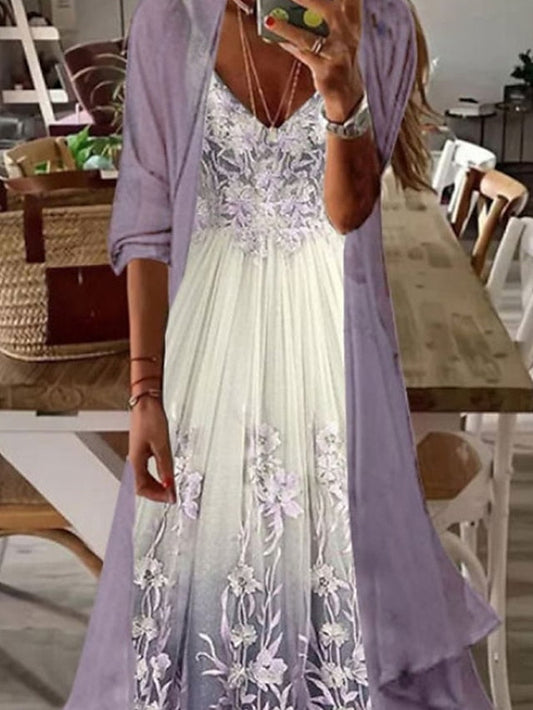 A Line Dress Maxi long Dress Purple Long Sleeve Floral Color Gradient Ruched Print Fall Spring V Neck Elegant Casual  S M L XL XXL 3XL / Loose for Women