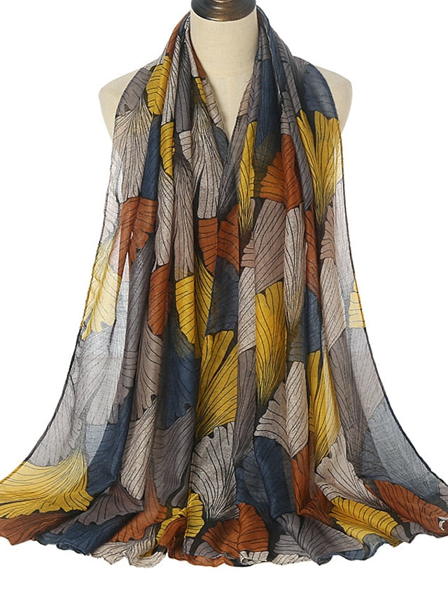 Retro Plant Print Scarves Women Ginkgo Leaf Printing Shawl And Wraps Laday Foulard Flower Hijab Long Style Scarf for Women