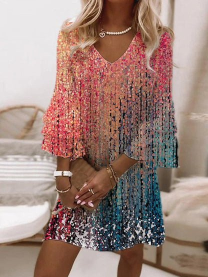 A Line Dress Short Mini Dress Rainbow 3/4 Length Sleeve Print Color Block Ruched Print Spring Summer V Neck Elegant Modern  3XL for Women