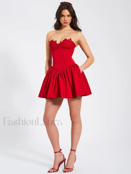 Sacha Red Lace Drop Graceful Waist Corset Puffy Mini Dress
