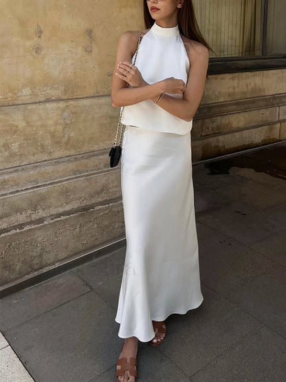 Sacred Dream Open Back Modern Satin Two Piece Skirt Set