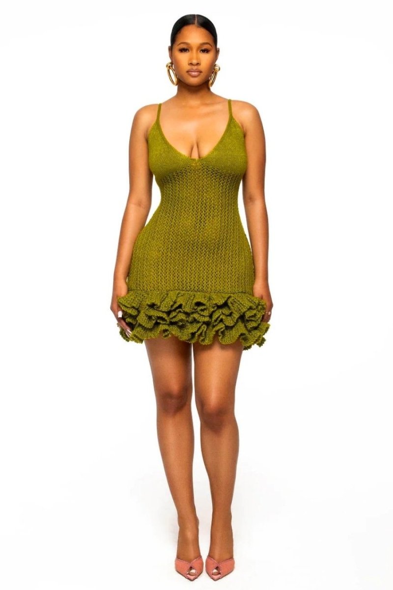 Minivestido de punto con escote en V y volantes en el bajo Sara