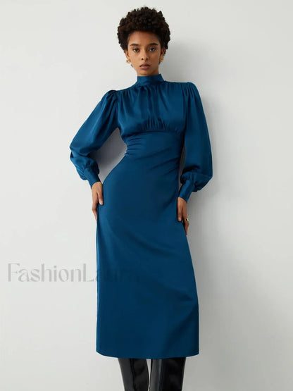 Satin Mock Neck Tie Modern Back Long Sleeve Midi Dress