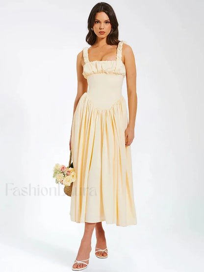 Satin Square-Collar Midi Dress