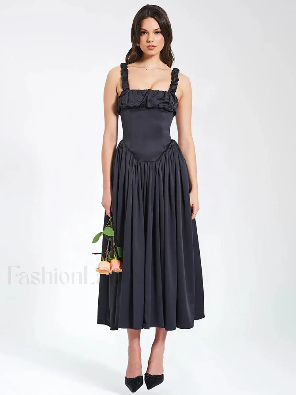 Satin Square-Collar Midi Dress