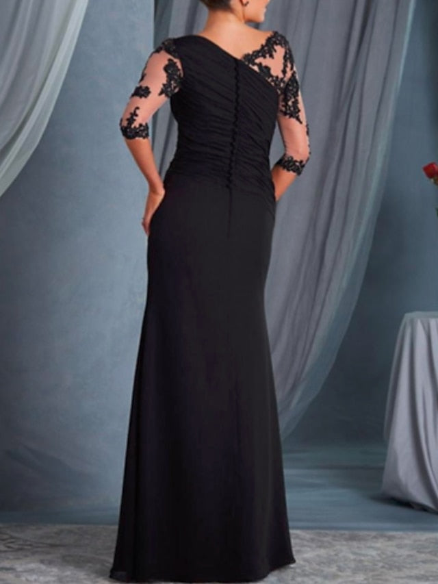A-Line Mother of the Bride Dress Plus Size Bateau Neck Floor Length Chiffon Lace Half Sleeve with Draping Appliques 2023