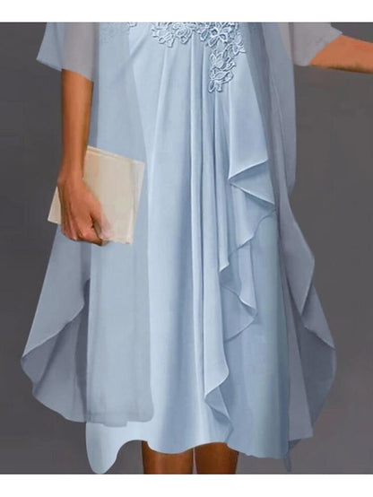 A Line Dress Knee Length Dress Blue Purple Pink Half Sleeve Floral Pure Color Ruched Mesh Fall Spring Crew Neck Elegant Casual Classic  S M L XL XXL 3XL for Women