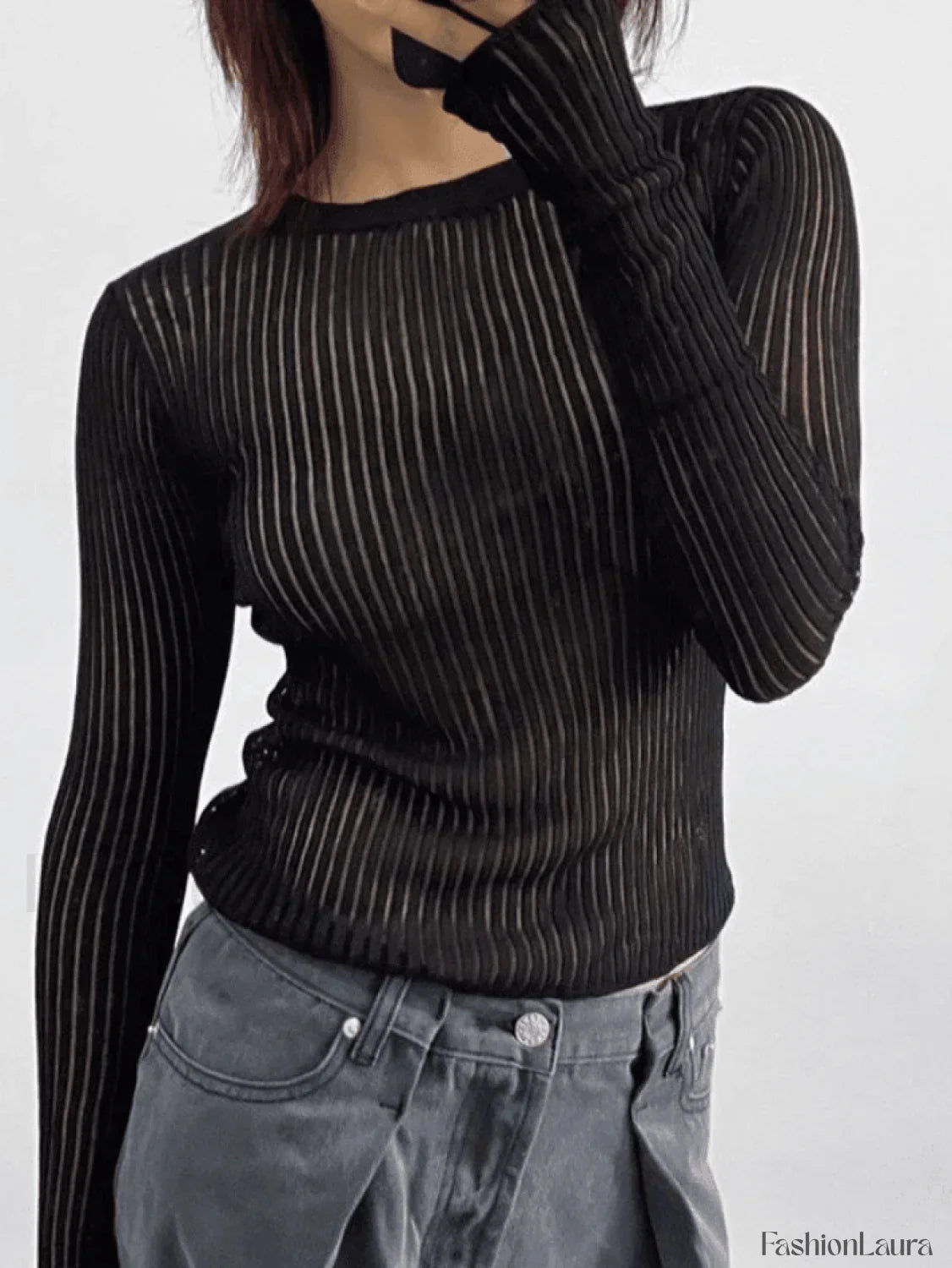 See Through Long Sleeve Ribbed Knit Top