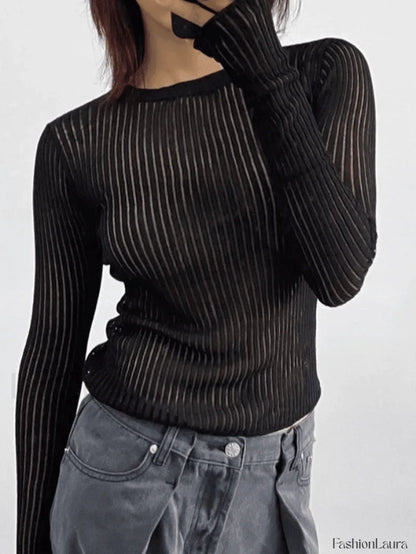 See Through Long Sleeve Ribbed Knit Top
