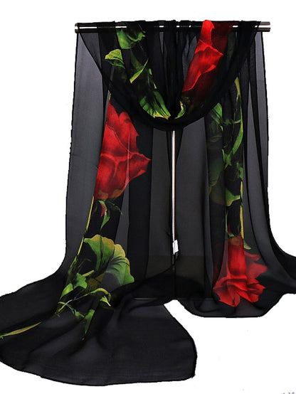 Chiffon Scarf Wedding Black Scarf Floral Pink Fall Spring Print Polyester for Women