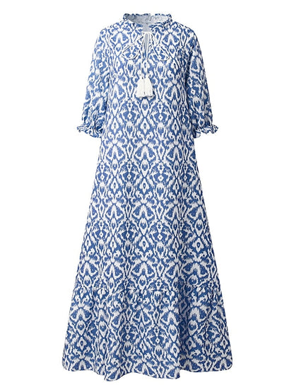 A Line Dress Maxi long Dress Purple Half Sleeve Print Ruched Print Spring Summer V Neck Casual Vacation  3XL for Women