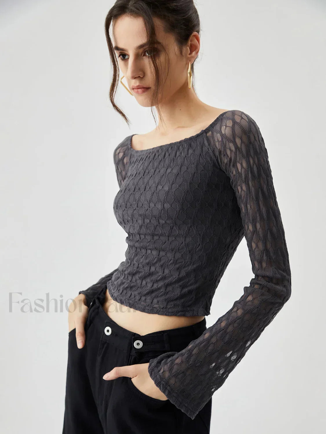 Semi-sheer Boat Neck Trendy Mesh Crop Top
