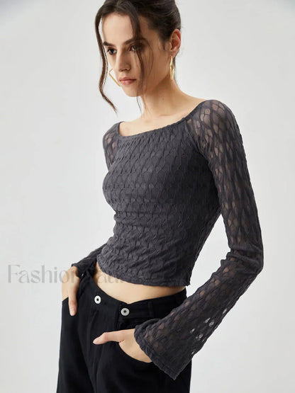 Semi-sheer Boat Neck Trendy Mesh Crop Top