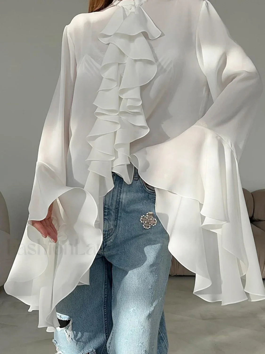 Semi-sheer Chiffon Graceful Ruffled Trim Blouse