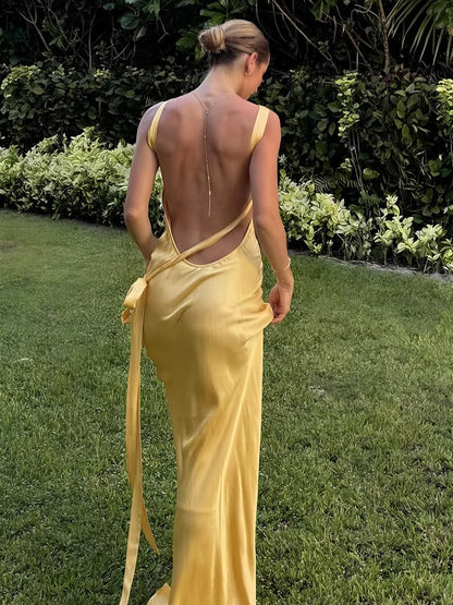 Semi-Sheer Satin Asymmetrical One Shoulder Long Dress