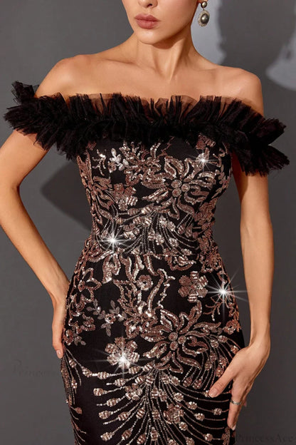 Sequin Off-the-Shoulder Fitted Mermaid Evening Dress