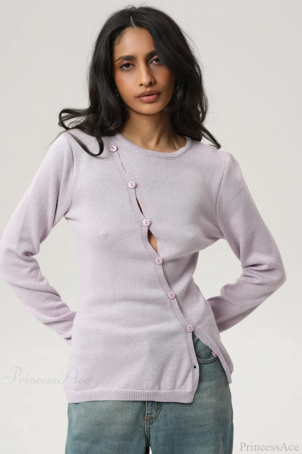 Sexy Irregular Crew Neck Long Sleeve Knit Sweater