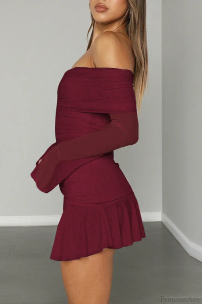 Sexy Off Shoulder Ruched Ruffle Long Sleeve Mini Dress