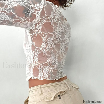 Sexy Off-Shoulder See-Through Lace Long Sleeve Crop Top