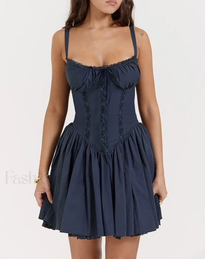 Sexy Strapless Sling Dress for Summer Women's 2024 NEW Lace-up High Waist Lace floral print A-line Mini Dress