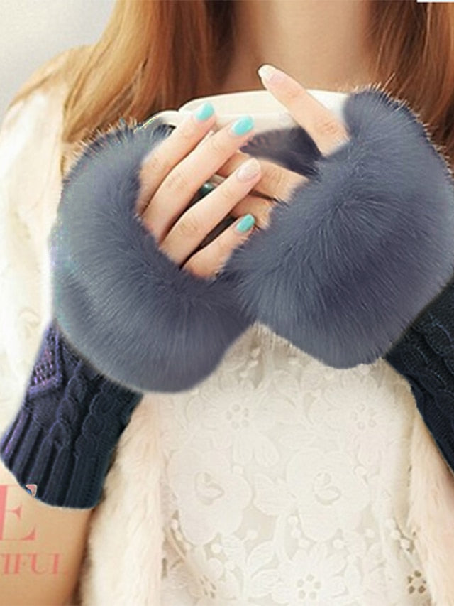 Cute Faux Fur Fingerless Gloves for Women