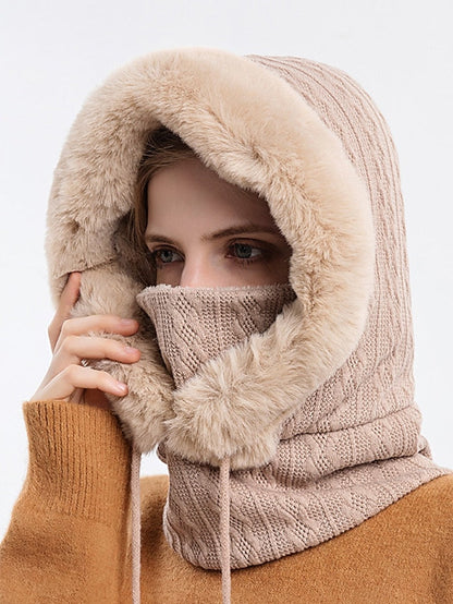 High Quality Winter Fur Cap Mask Set Hooded for Women Knitted Cashmere Neck Warm Outdoor Ski Windproof Hat Thick Plush Fluffy Beanies for Women