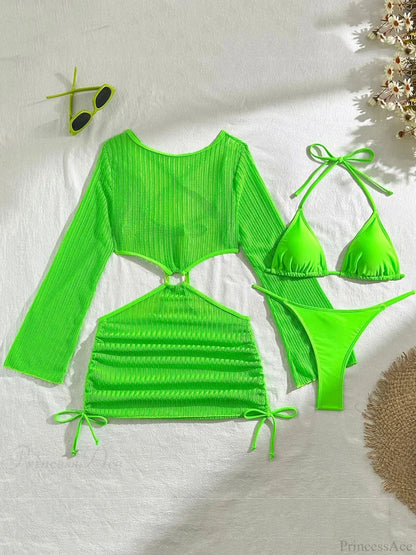 Sheer Long Sleeve Bikini Cover-Up Three Piece Swimsuit