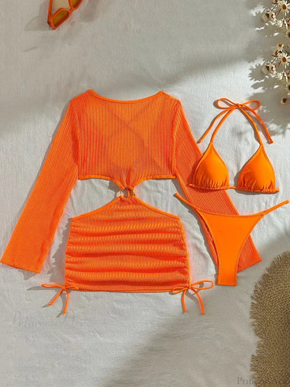 Sheer Long Sleeve Bikini Cover-Up Three Piece Swimsuit
