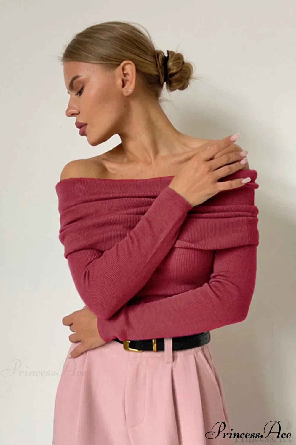 Sheer Off-Shoulder Fitted Solid Pullover Knit Top
