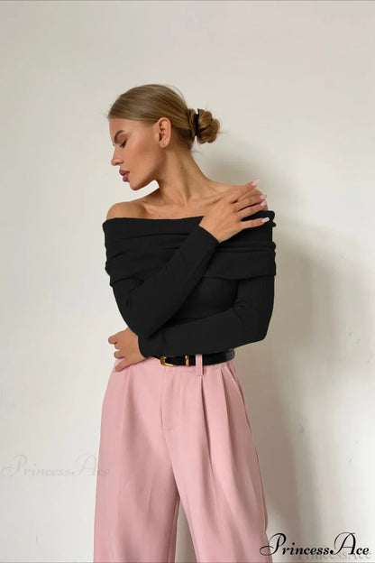 Sheer Off-Shoulder Fitted Solid Pullover Knit Top