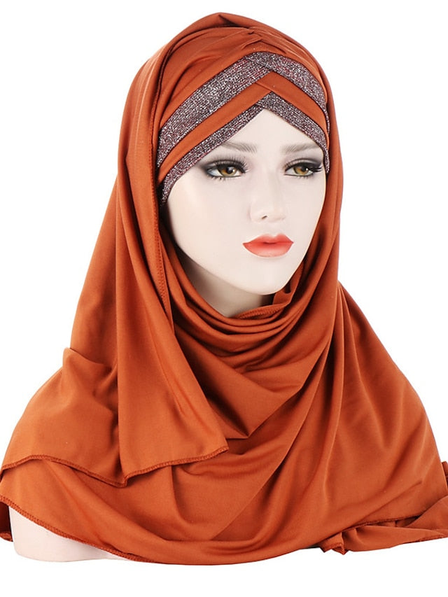 Forehead Cross Hair Wrap Scarf Solid Color Glitter Sequins Jersey Hijabs Muslim Headband Women Turban Hair Cap Headscarf for Women
