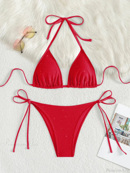 Shiny Sparkling Halter Strappy Bikini Set