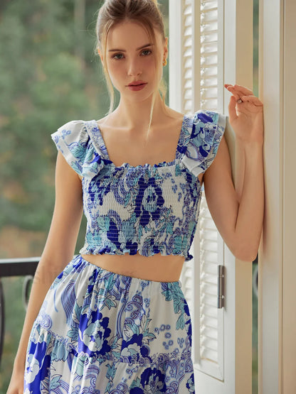 Shirred Floral Graceful Print Skirt Set