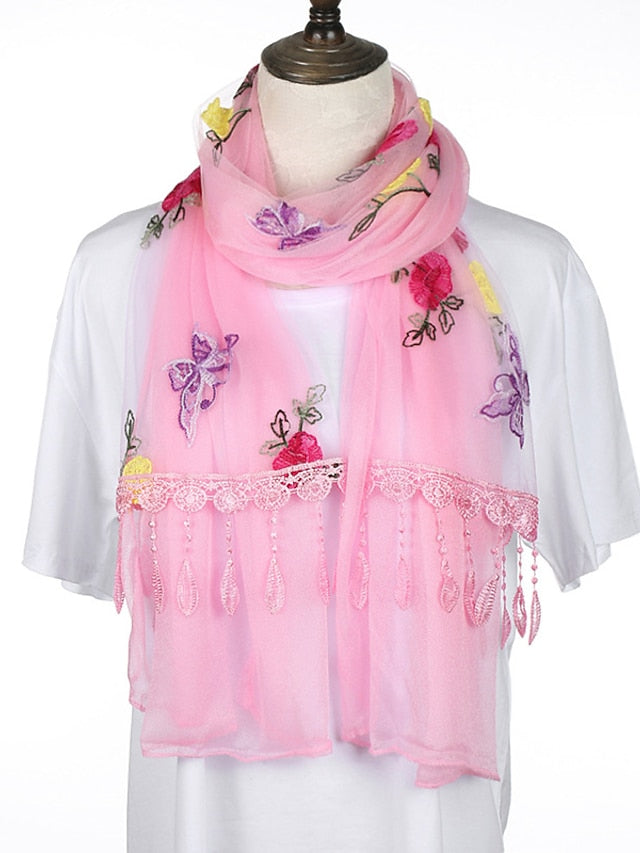 Spring Summer Embroidery Solid Colors Thin Style Hijab Gauze Scarf Women Butterfly Tassel Scarves Daily Dress for Women