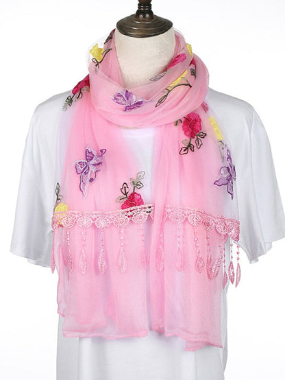 Spring Summer Embroidery Solid Colors Thin Style Hijab Gauze Scarf Women Butterfly Tassel Scarves Daily Dress for Women