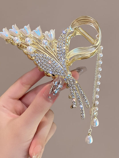 1PC Butterfly Hair Clip Metal Hair Claw Clip Bell Orchids Pearl Tassel Gold Fashion Nonslip Hair Clips Cute Claw Clips with Rhinestones Thick Hair Styling Hair Accessories for Women Christmas Gifts for Women