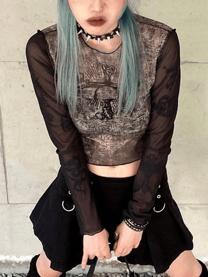 Skull Mesh Long Sleeve Crop Top
