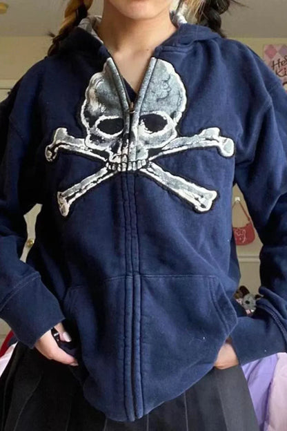 Skull Print Zip Up Hoodie