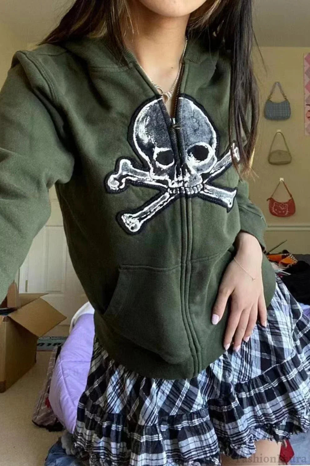 Skull Print Zip Up Hoodie
