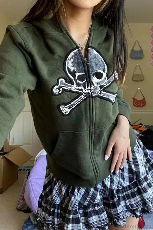 Skull Print Zip Up Hoodie