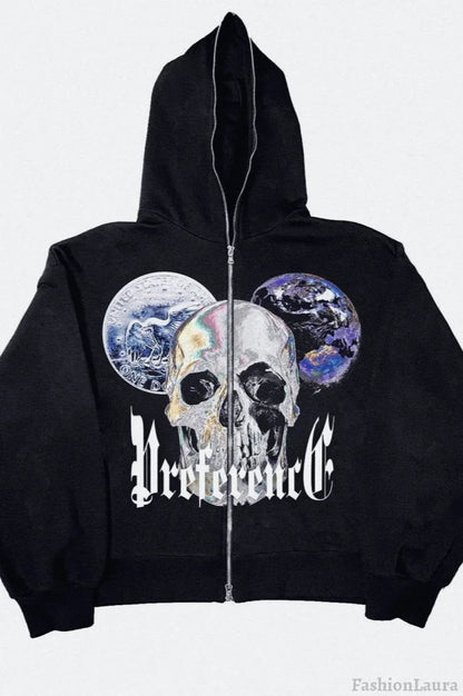 Skull Print Zipper Hoodie